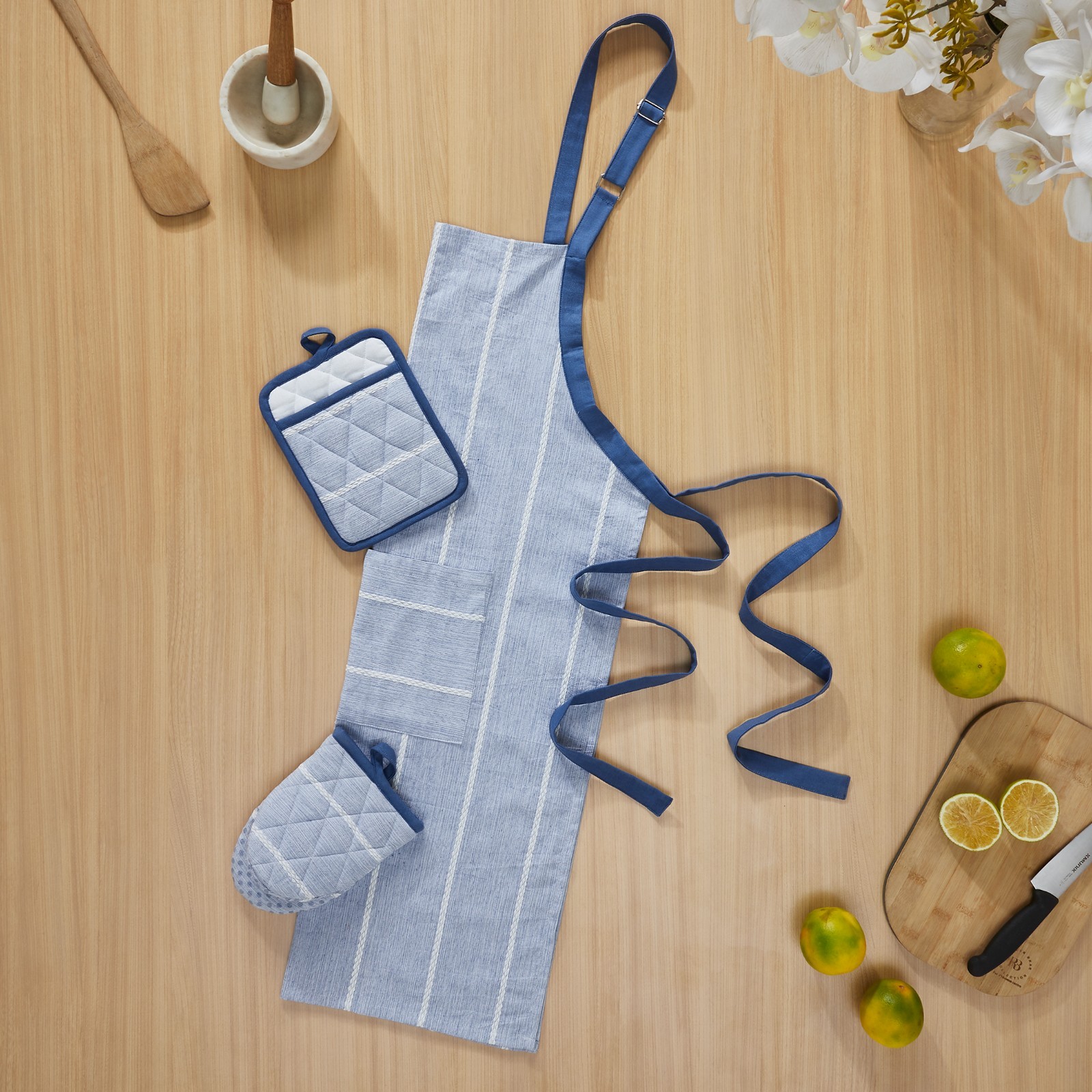 My Texas House 3-Piece Apron Set - Apron, Oven Mitt, Pot Holder Blue/Grey - New gallery