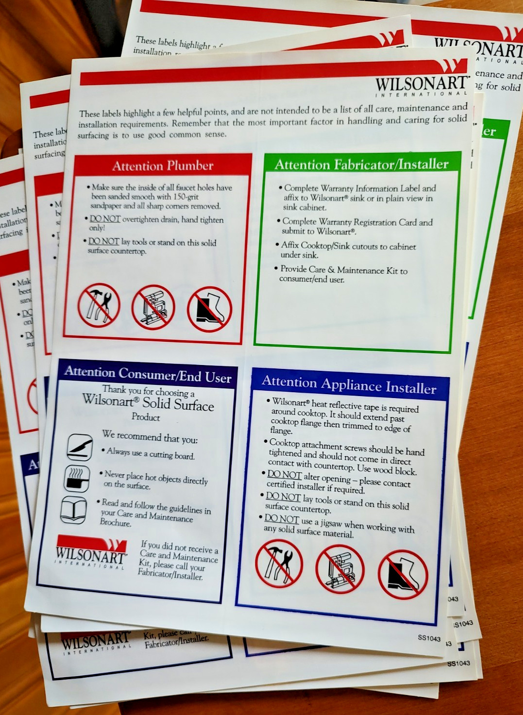 Wilsonart Solid Surface Installation Labels SS1043 Set Of 9 Sheets gallery