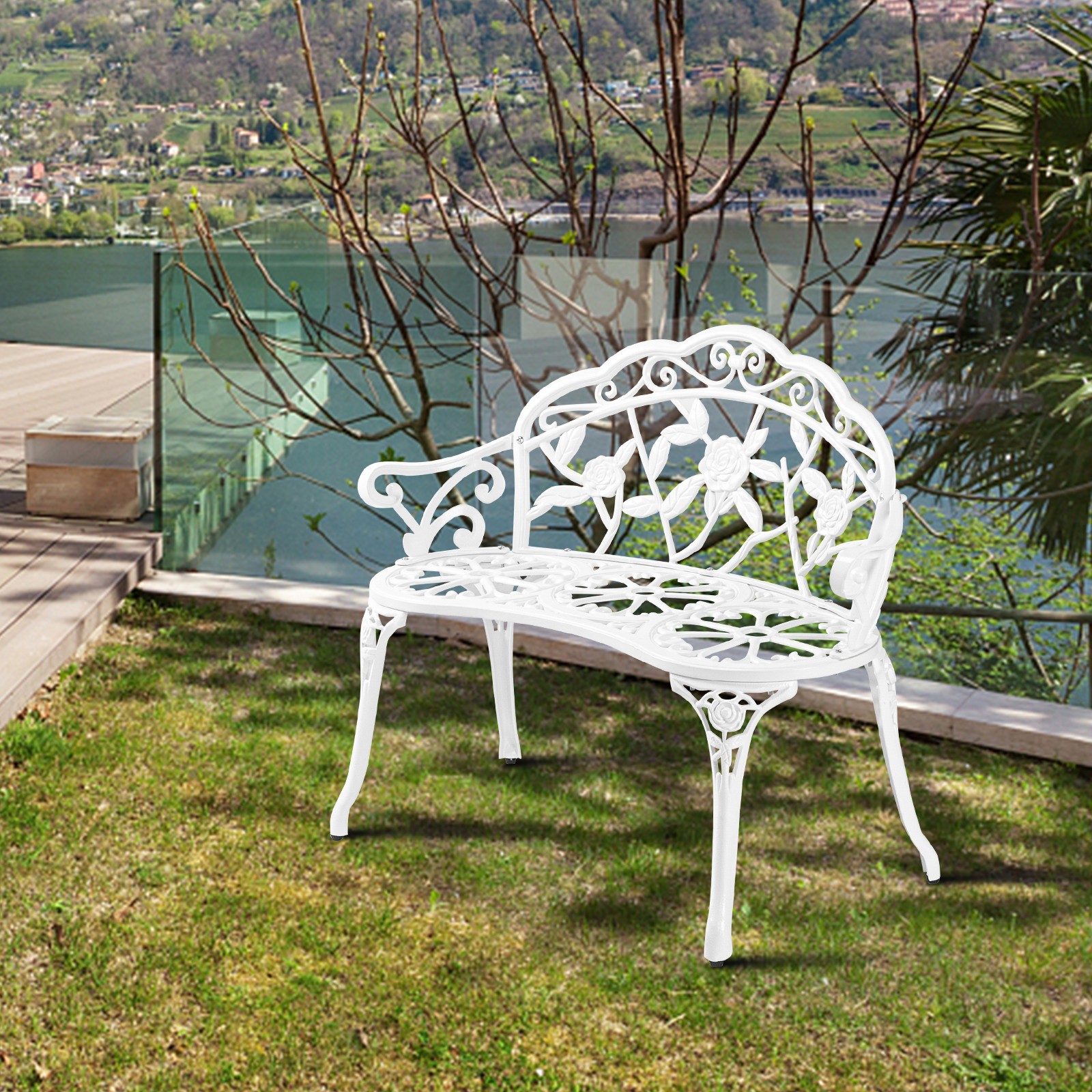 Patio Garden Bench Outdoor Park Bench Floral Cast Aluminum Furniture Backyard gallery