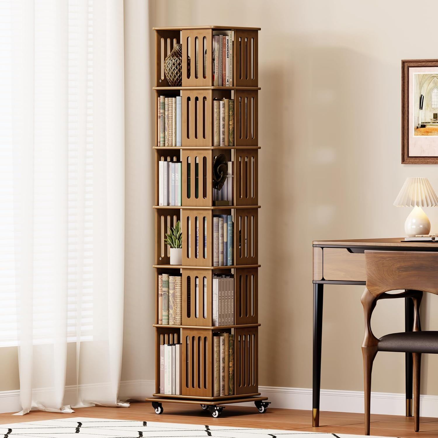 Walnut 5-Tier Rotating Bookshelf on Wheels - Stylish Space Saver gallery