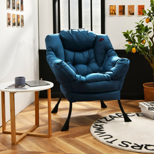 Modern Polyester Fabric Lazy Chair with Steel Frame and Side Pocket-Navy - Color gallery