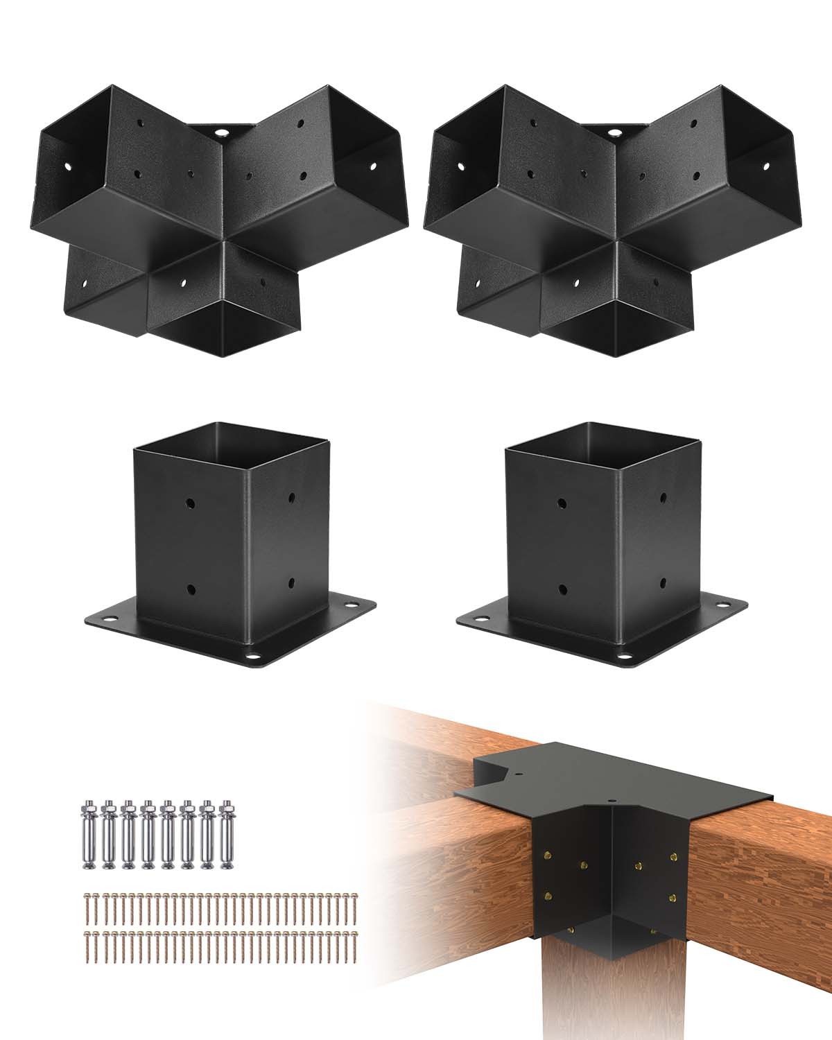 VEVOR 4x4 Inch Pergola Bracket Kit Inner 3.5x3.5 4-Way Brackets 2 Pcs 2 Bases gallery
