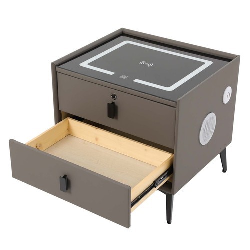 Dark Grey 2-Drawer Nightstand Fingerprint Lock Qi Charging Bluetooth Speaker gallery