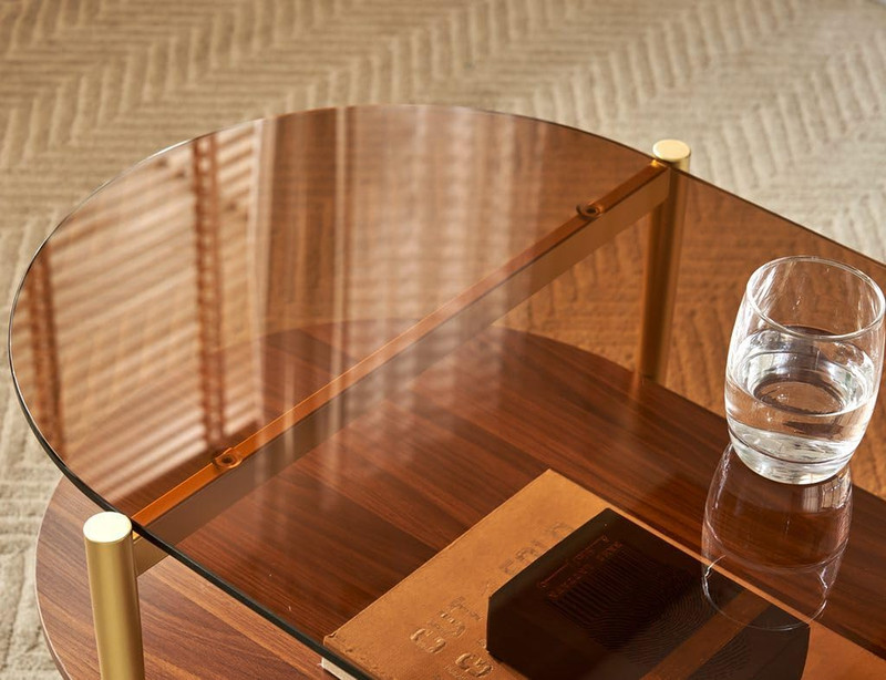 Oval Rectangle Coffee Table with Amber Brown Glass Top, Mid-Century Modern Coffe gallery