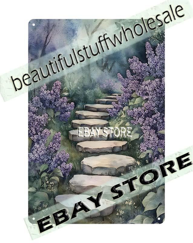 Stone Stairway Tin Sign Lilac Path forest walkway modern art prints gallery