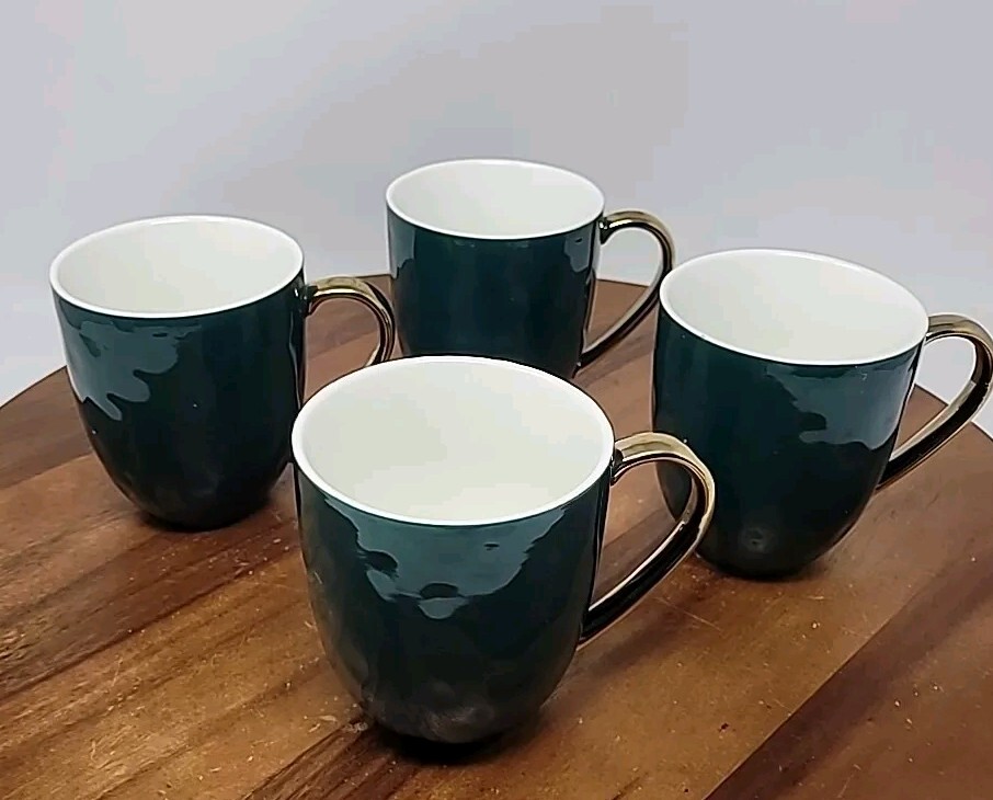 Stone Lain Porcelain 4 Piece Mug Set Dark Green and Golden Rim gallery