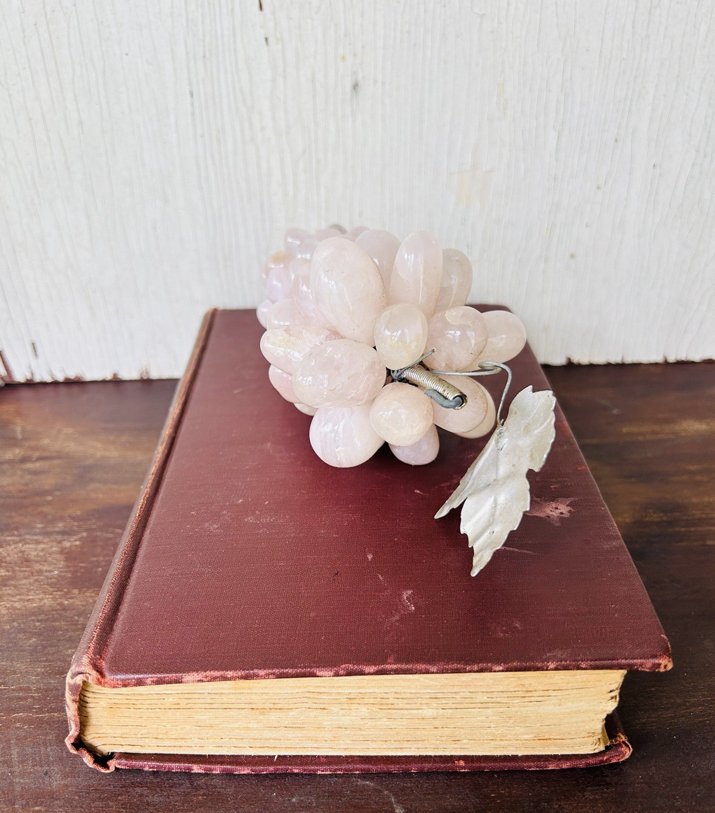 Vintage Pink Rose Quarts Grape Cluster w/ Metal Leaf~MCM~6-1/2” gallery