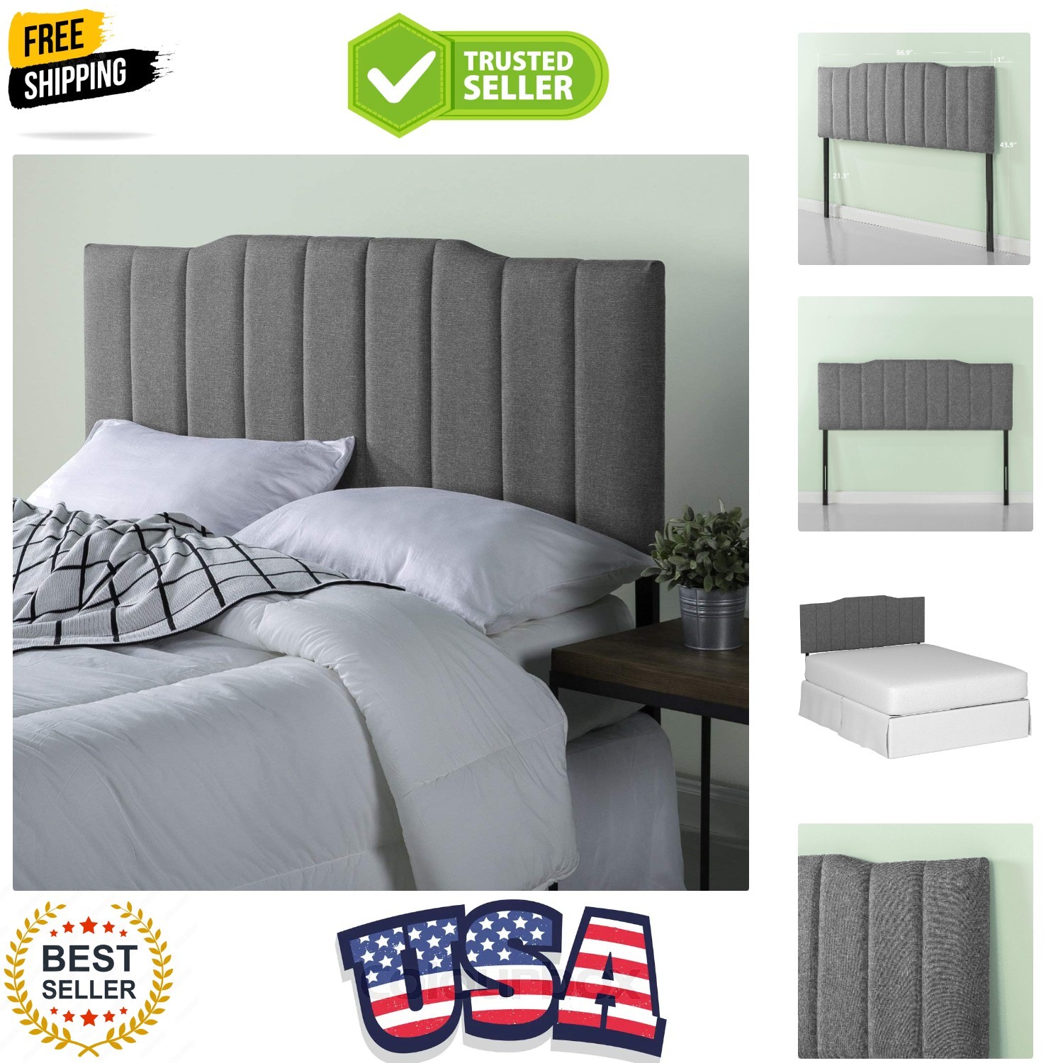 Satish Upholstered Headboard, Channel Stitched Upholstery, Easy Assembly, Ful... gallery
