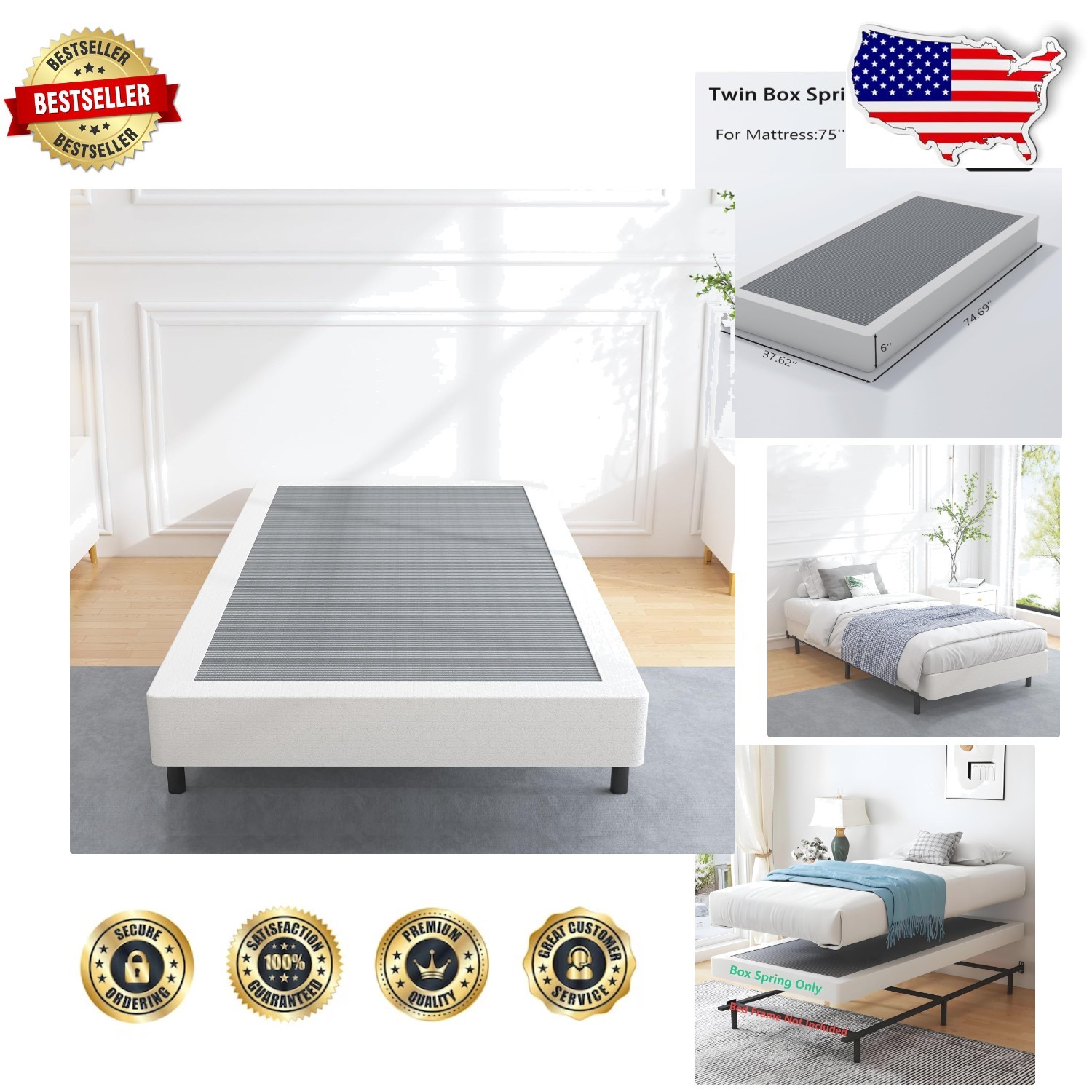 Durable Twin 6" Box Spring - Heavy Duty Metal, Fade/Squeak Resistant, Easy Clean gallery
