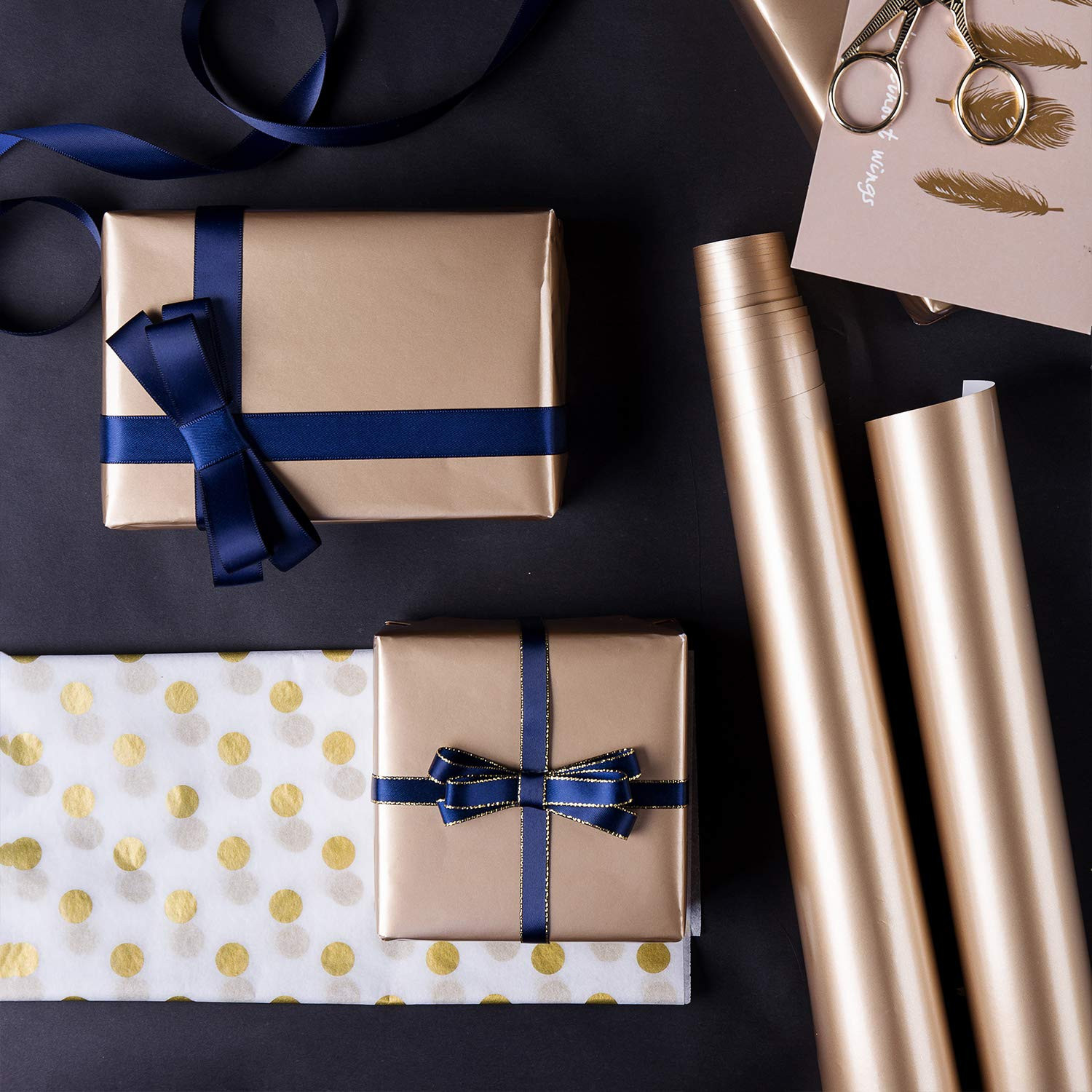 Wrapping Paper Roll - Gold and Navy Print with Cut Lines for Christmas, Birth... gallery