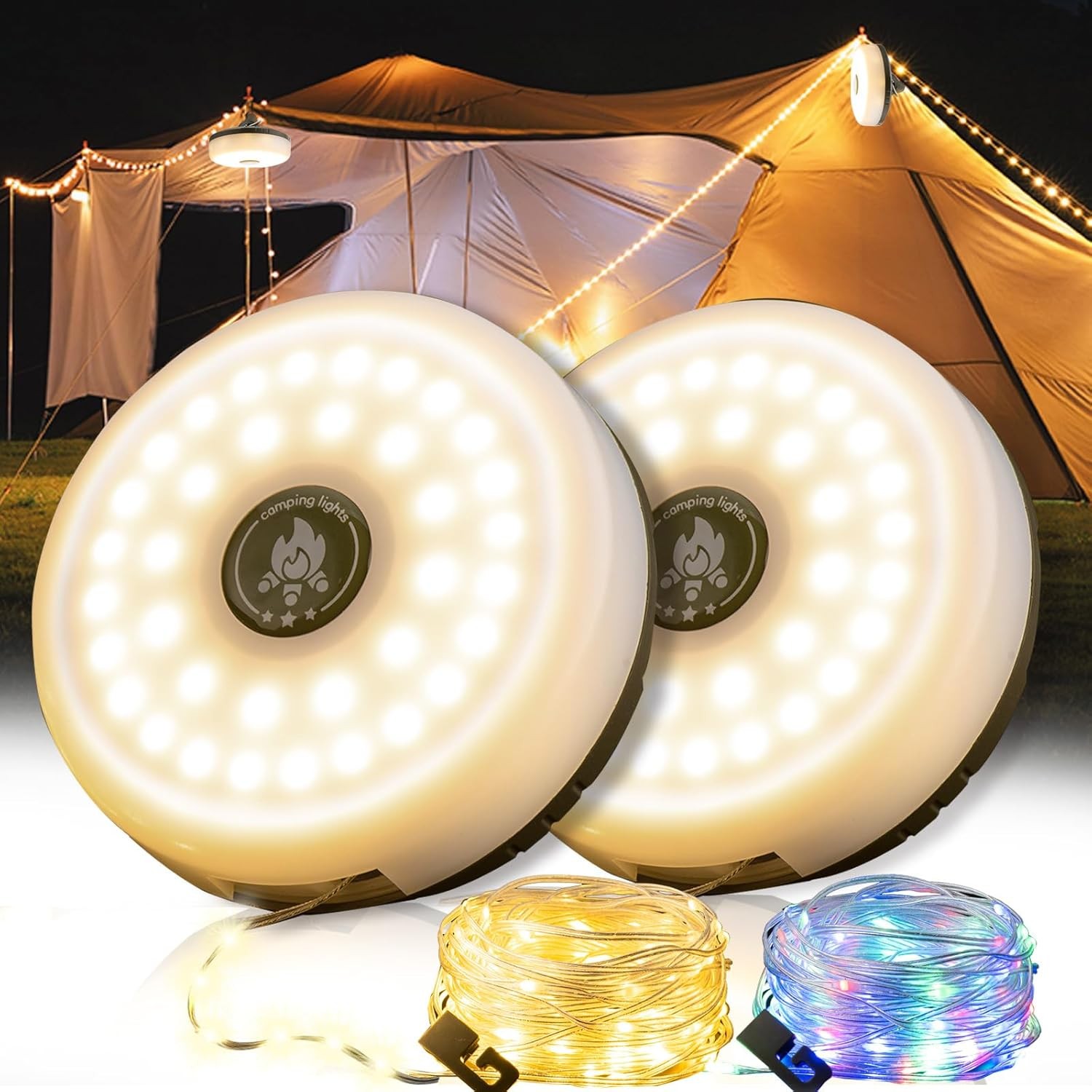 2Pcs 4-in-1 Camping String Lights 8 Mode 32.8FT Rechargeable Hanging Tent Lamps gallery