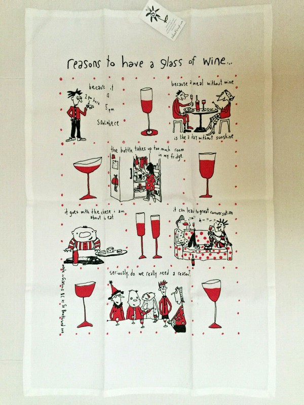 Sa Boothroyd Gallary Kitchen Tea Towel "Reasons to Drink Wine" NWT gallery
