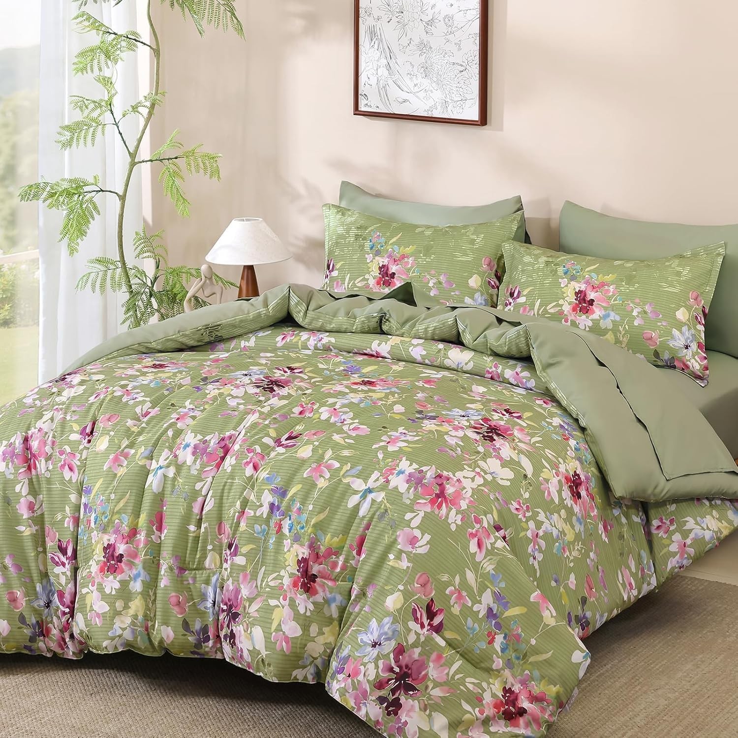 Sage Green Pink Floral Comforter Set Queen Bed in a Bag 7pc Bedding gallery