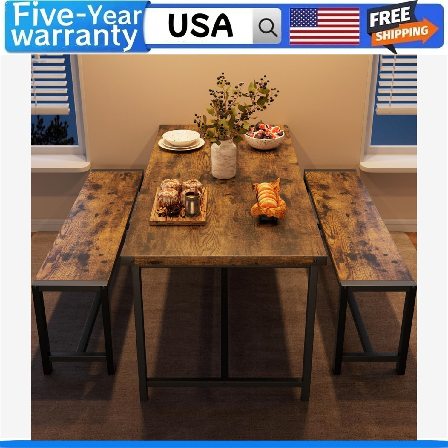 Dining Table Set for 4 Kitchen Table with 2 Metal Wood Benches for Apartment gallery