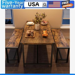 Dining Table Set for 4 Kitchen Table with 2 Metal Wood Benches for Apartment