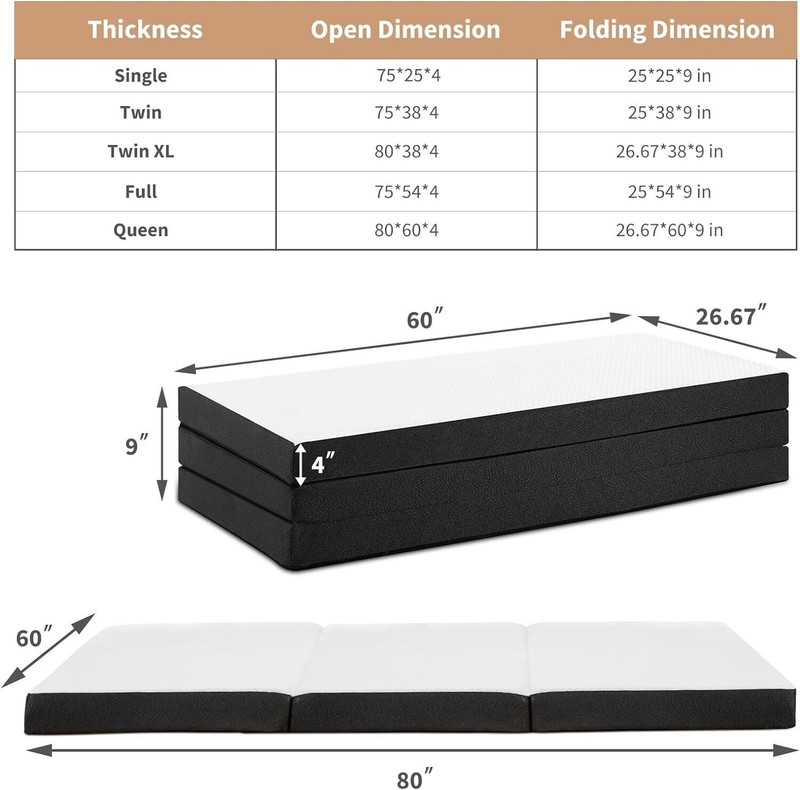 Tri-Fold Folding Mattress 4 inch Memory Foam Mattress Topper with Washable Cover gallery