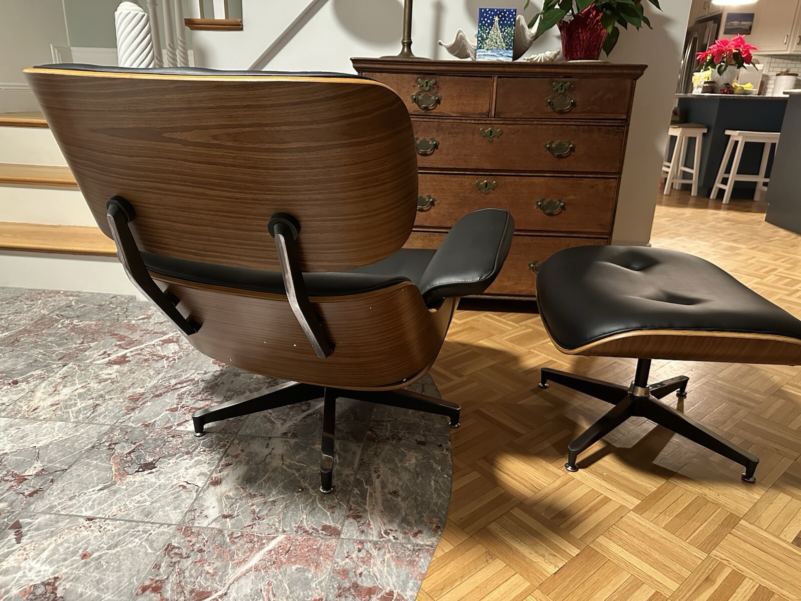 Mid Century Eames Style Lounge Chair & Ottoman Black Vegan Leather — New In Box gallery