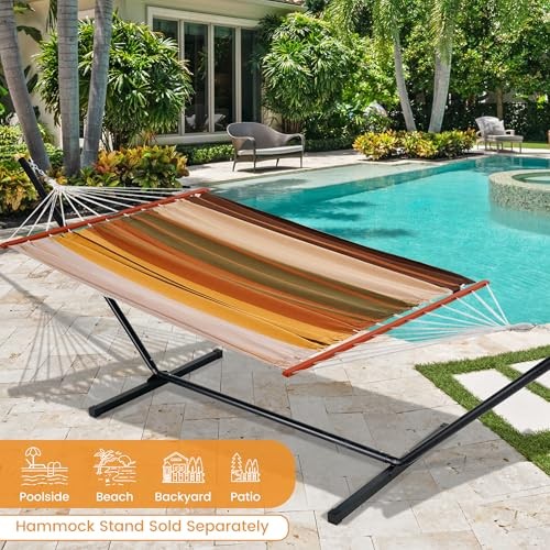 Cotton Fabric Double Hammock with 55" Spreader Bar, Portable Brown & Khaki gallery