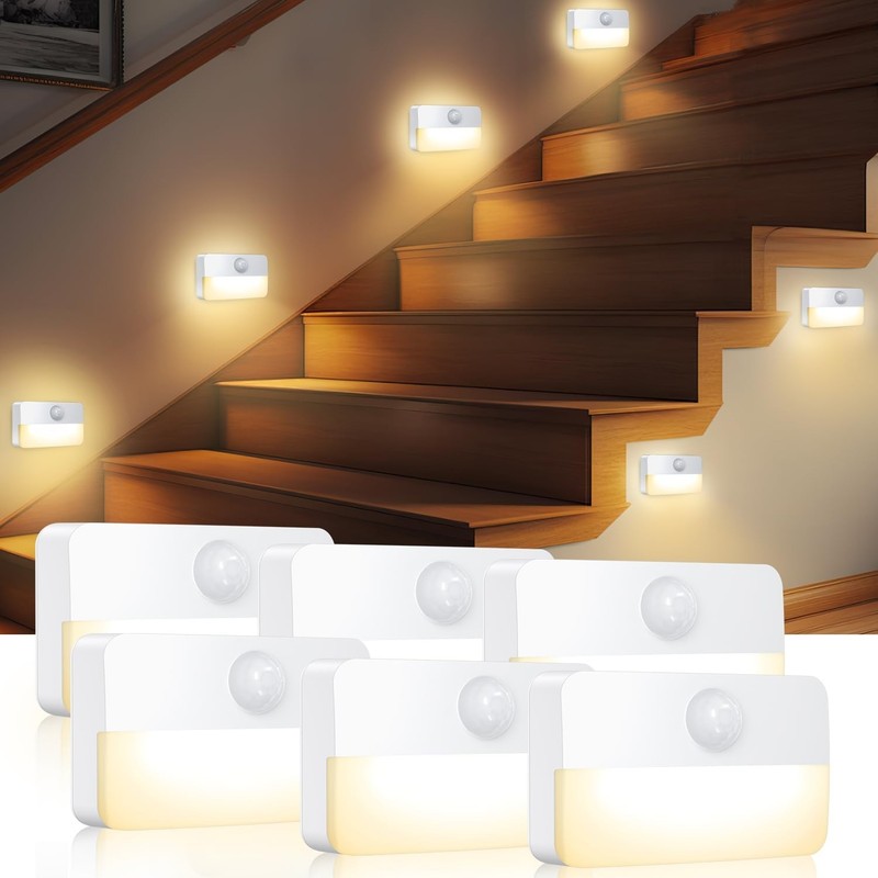 6 Pack Mini Motion Sensor LED Stair Lights - Battery-Powered, 40 Lumen, Indoor N gallery