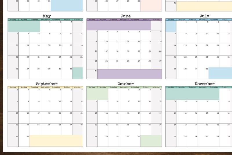 Large Wall Calendar, Annual Planner, Start On Any Month, 36" x 24" or 24" x 16" gallery