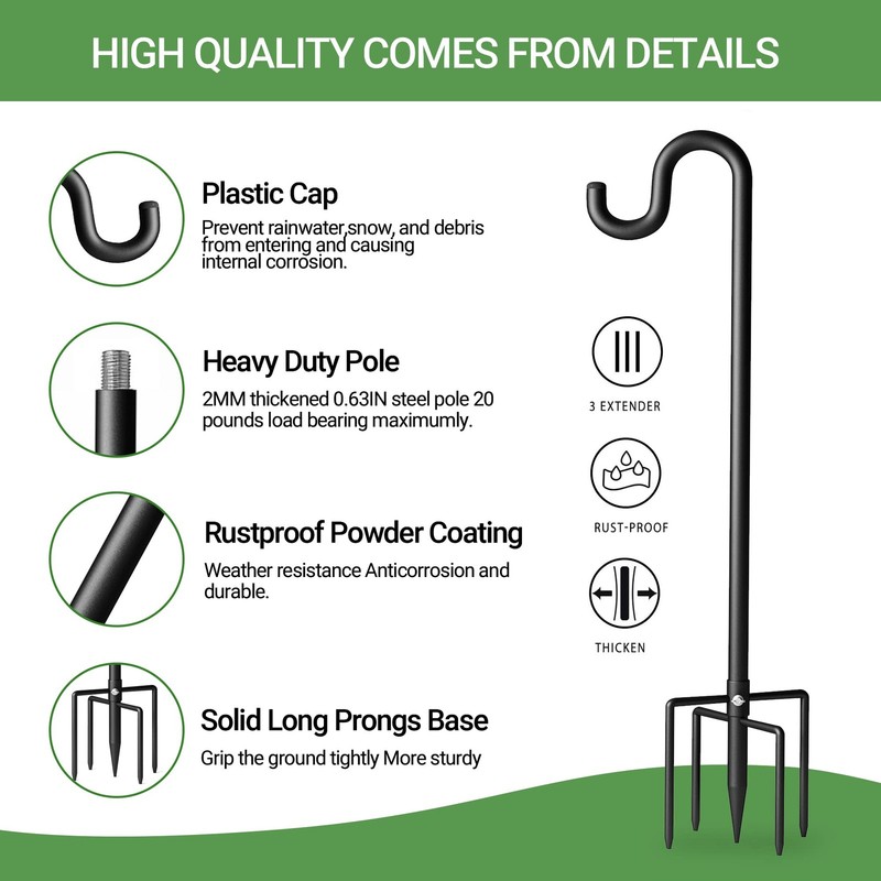 60" Shepherds Hooks for Outdoor, Extra Thick Bird Feeder Pole with 5 Prong Base, gallery
