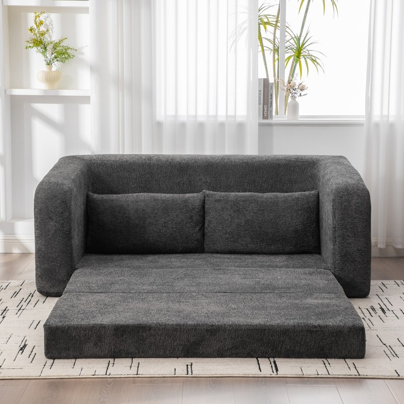71" 2-in-1 Foldable Sofa Bed w/ Pillows, Chenille Convertible Lounge Couch, Gray gallery