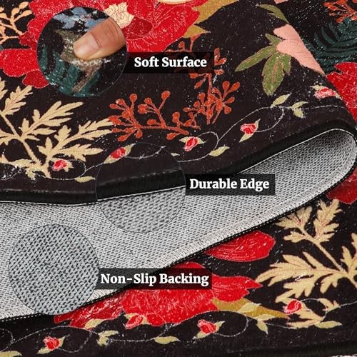 ROTTOGOON ROUND RUG 4FT WASHABLE CIRCLE SOFT FLORAL RUG RUBBER BACKING - BLACK gallery