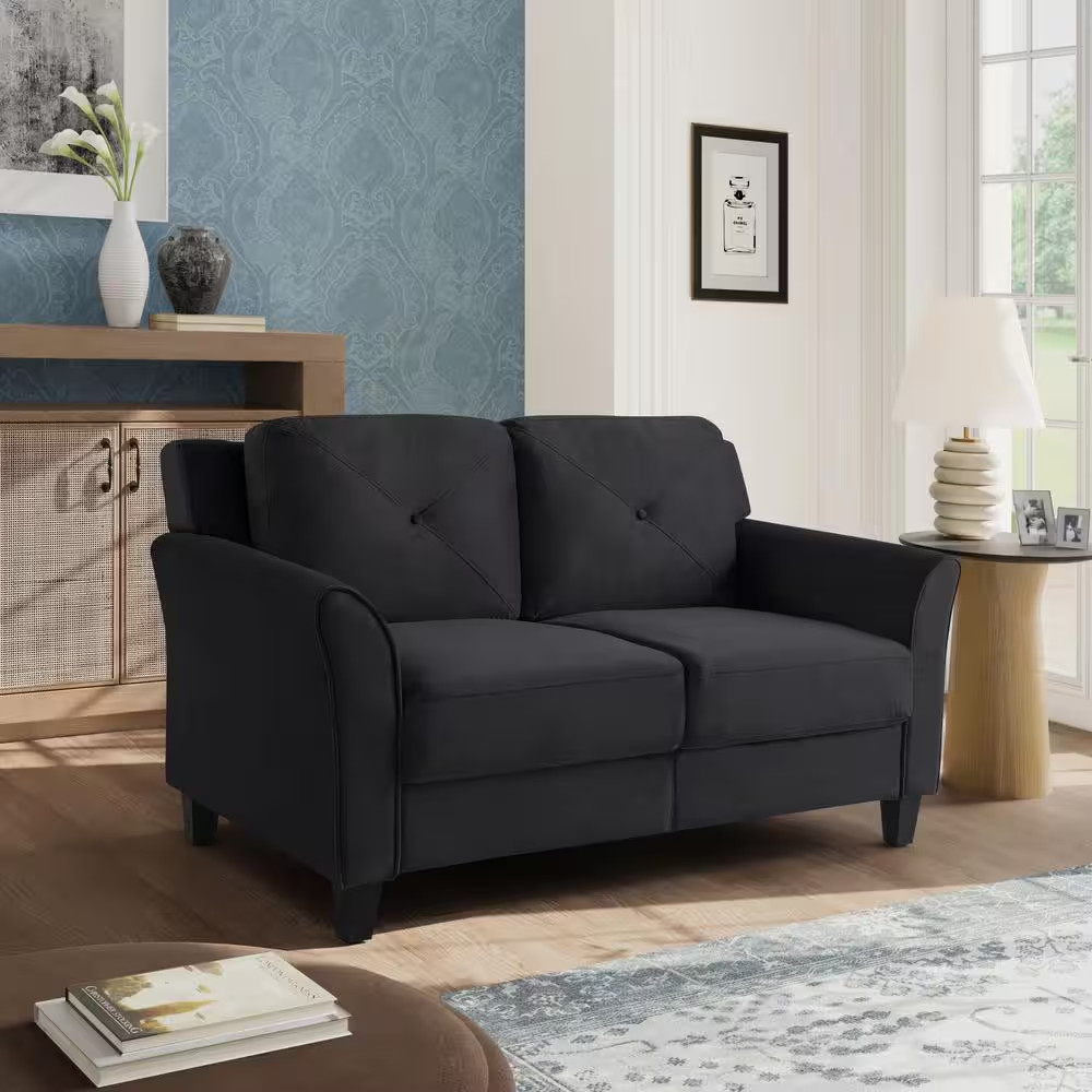 Harvard 56 In. Black Microfiber 2-Seat Loveseat with Flared Arms gallery