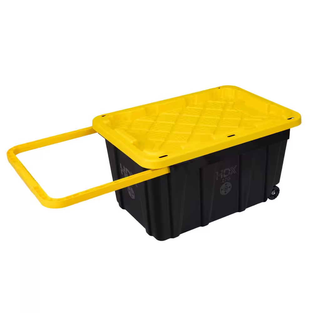 27 Gal. Tough Storage Tote with Wheels and Handle in Black and Yellow gallery