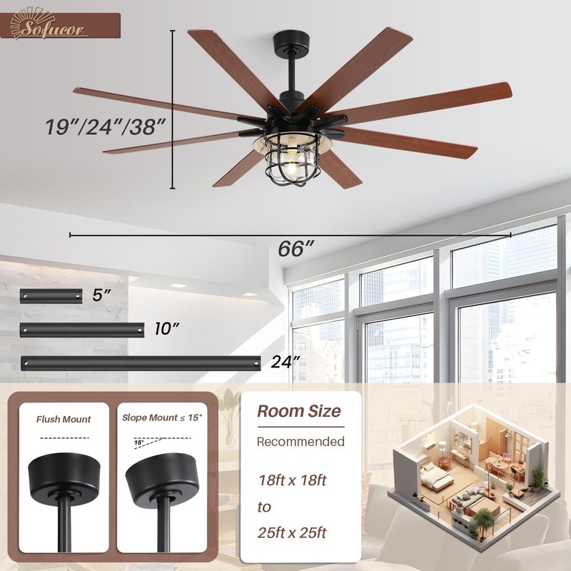 Sofucor 66 Inch Ceiling Fans Lights And Remote 6-Speed 3-Timer Farmhouse gallery