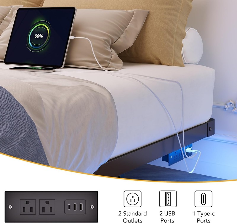 Modern Queen Size Floating Bed Frame with LED Lights & Charging Station gallery