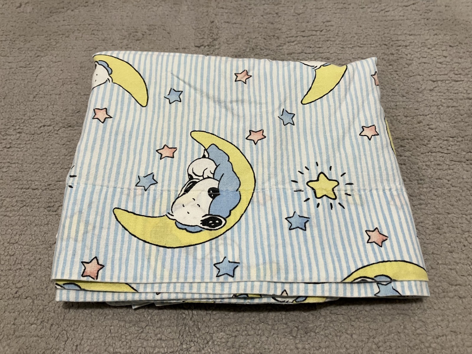 Handmade Snoopy Pillowcase Moon & Stars Blue Yellow Stripe Cotton 26x21 gallery