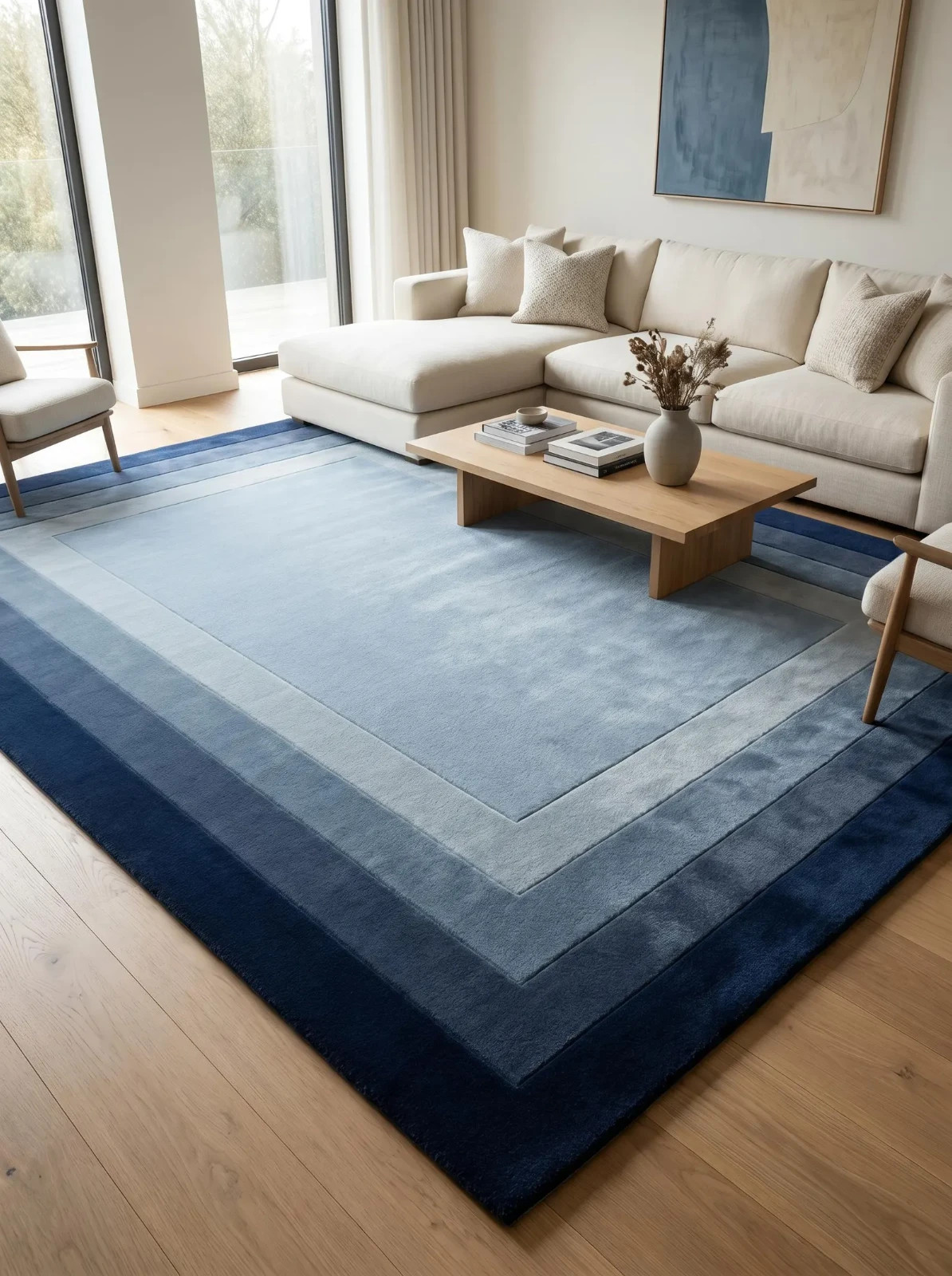 Premium Handmade Wool Rug Blue Ombre Border Tufted Rug, Handmade Wool Area Rug, gallery