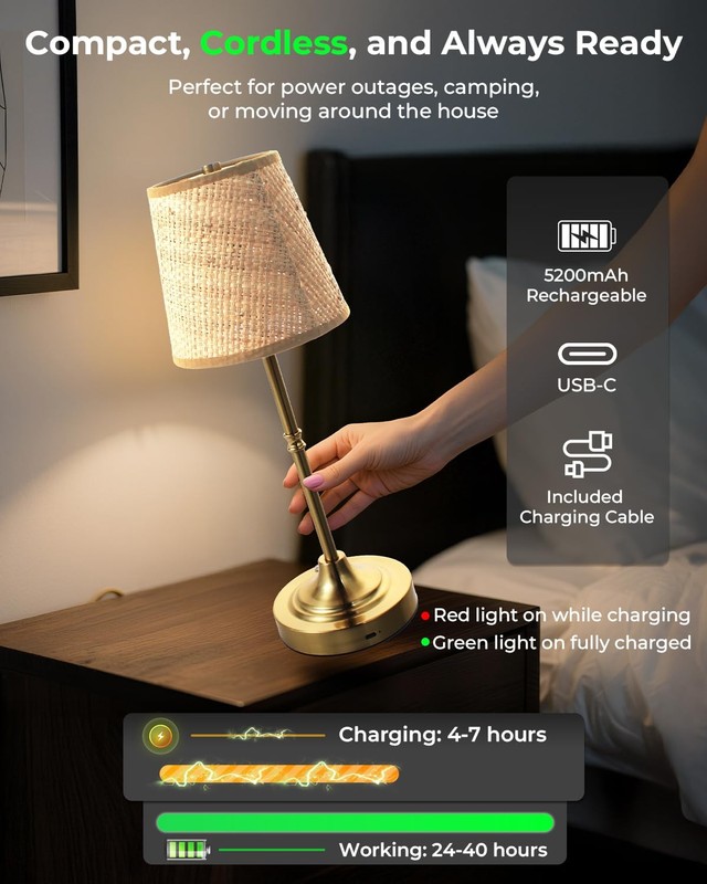 Cordless Rechargeable Lamp Touch Dimmable 5200mAh Wireless 3 Fabric Shade Brass gallery