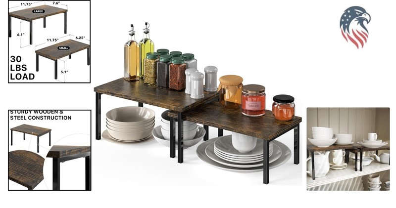 Expandable Stackable Cabinet Shelf Organizer Rustic Brown Engineered Wood Metal gallery