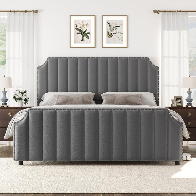 King Size Platform Bed Frame W/50.2 in Headboard Velvet Upholstered Bed Frame US gallery