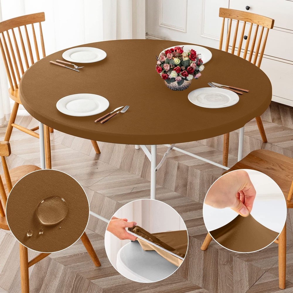 Brown Fitted Table Cover for Round Tables, 2 Pack Reversible Stretch Tableclo...