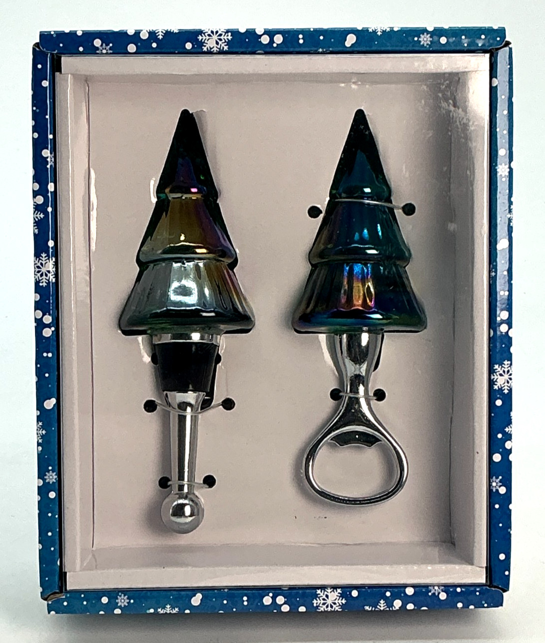 Christmas Trees Bottle Stopper & Opener Set Glass Chrome Beverage Wine Holiday gallery