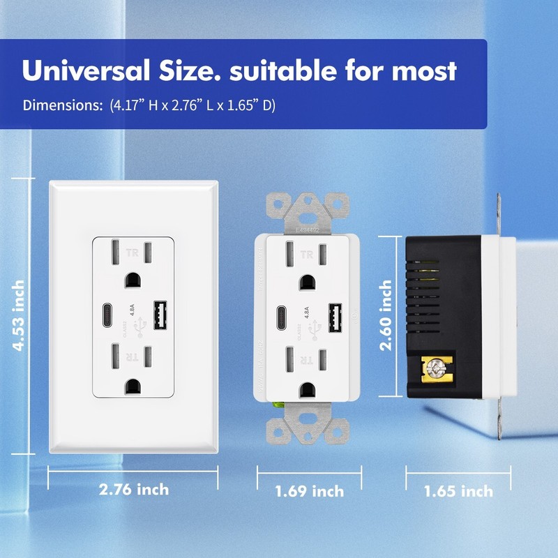 USB Type C Wall Outlet Duplex Receptacle 15A, Smart 4.8A Quick Charging, 10pack gallery