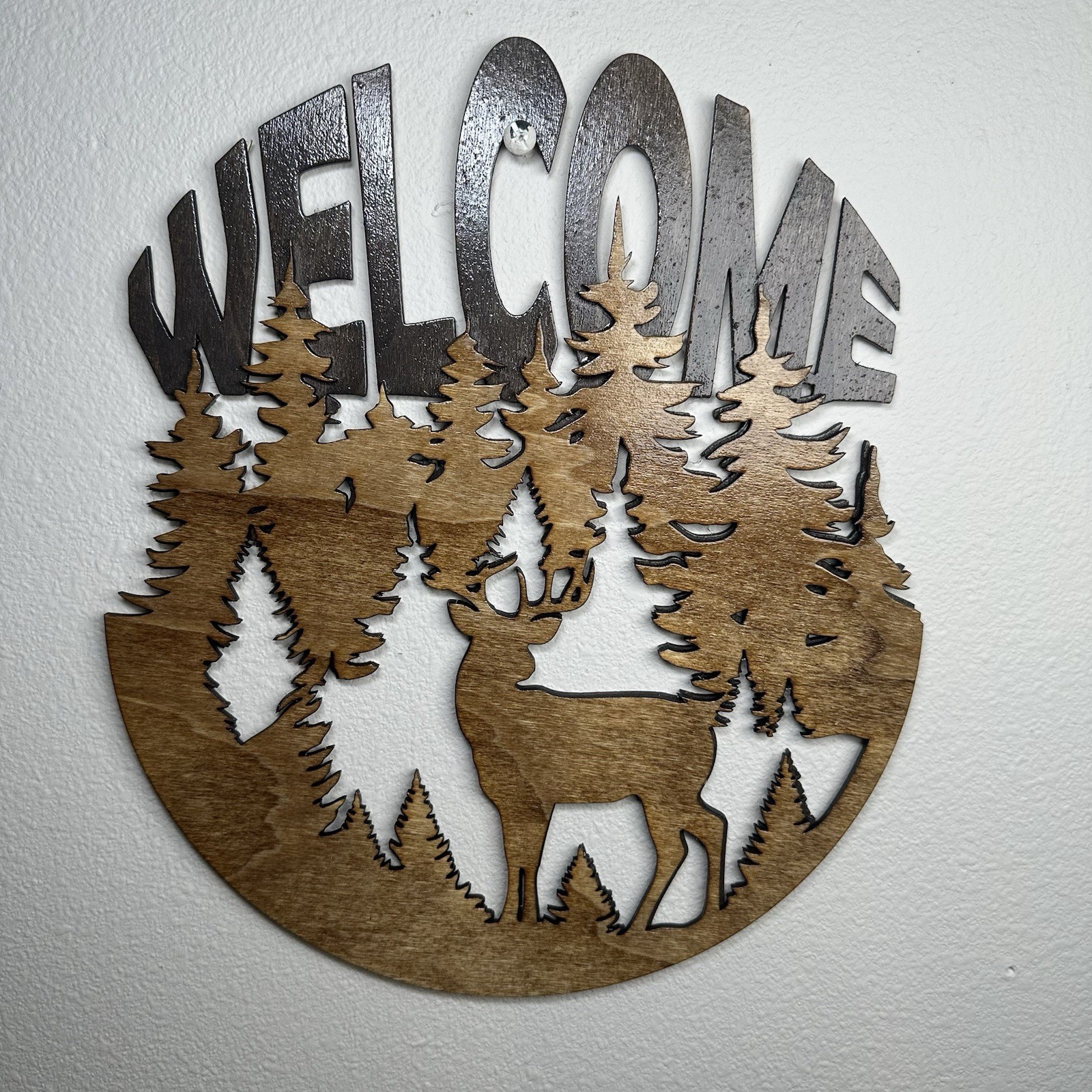 Rustic Woodland Welcome Sign Deer Forest Trees Laser Cut Cabin Wall Decor 11"x9" gallery