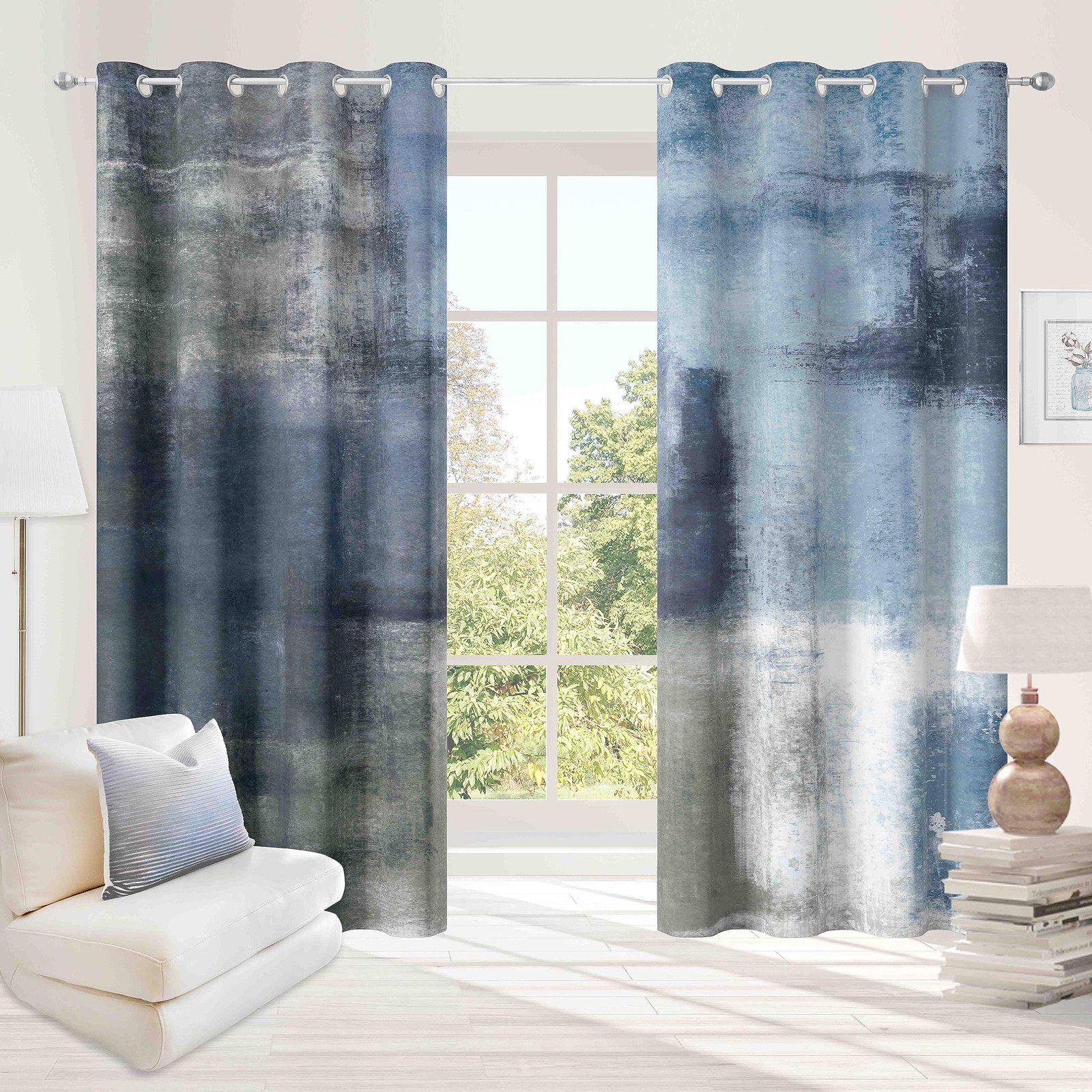 Dusty Blue Abstract Curtains 2 Panels Set Navy Grey Geometric Curtain Modern ... gallery
