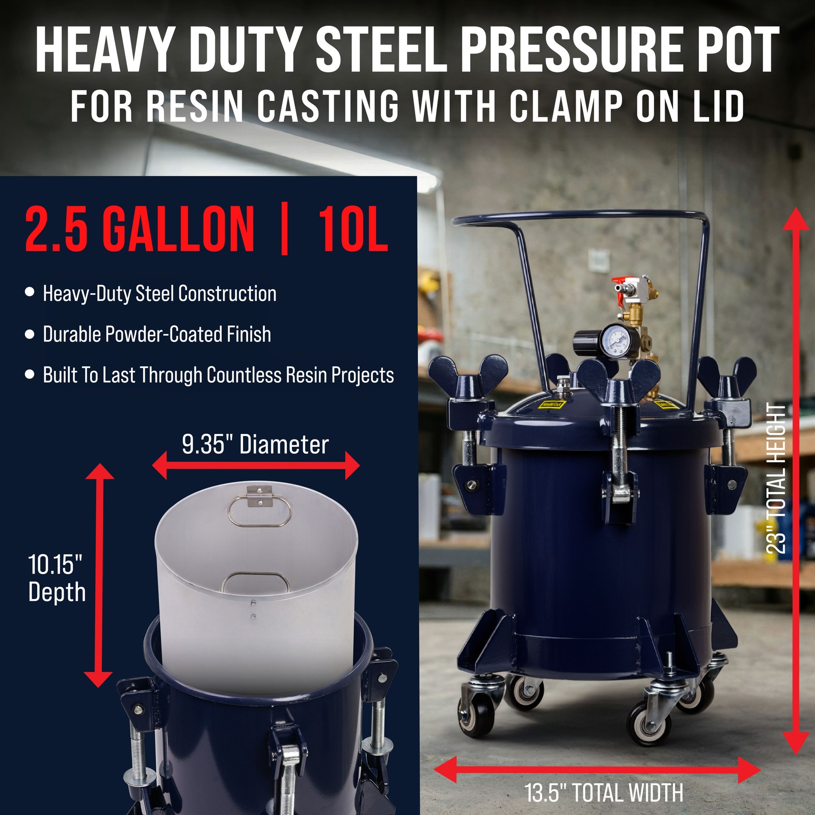 TCP Global 2.5 Gallon Resin Pressure Pot 10L Steel Casting Chamber w/Wheels gallery