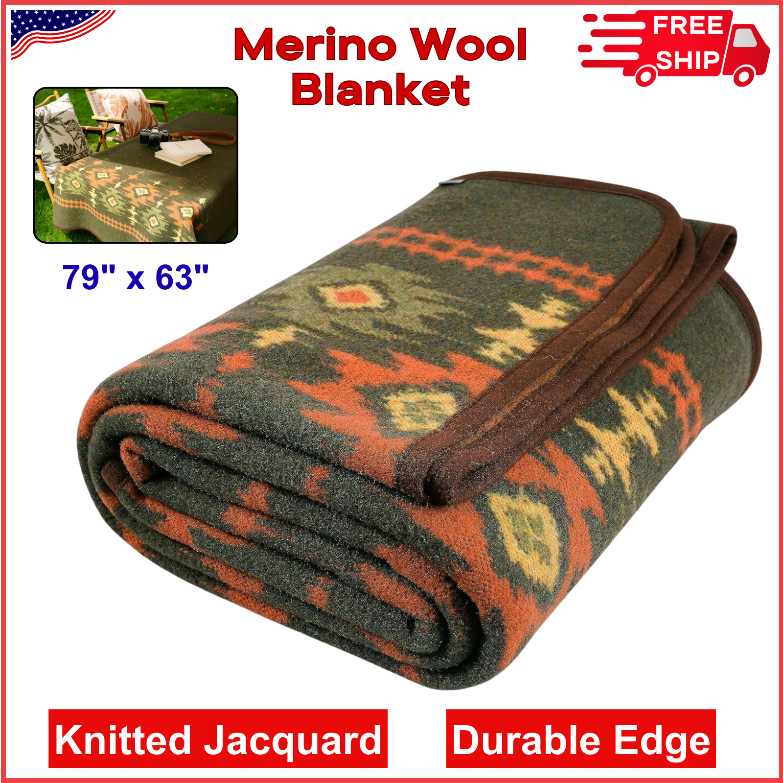 Merino Wool Blanket - Warm Thick Washable Outdoor Throw, Myers Green 79" x 63" gallery
