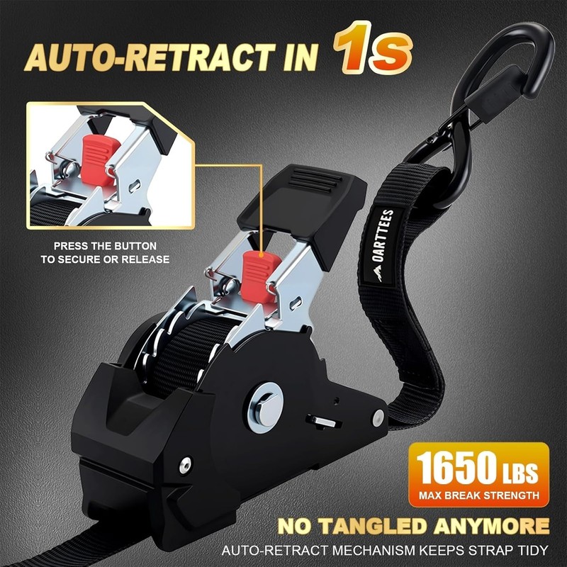 Heavy-Duty Self Retracting Tie Down Straps for Secure Cargo - 1,650 lb Capacity gallery
