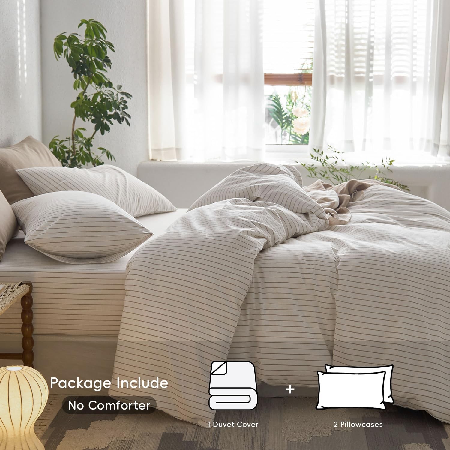 Striped Duvet Cover Set 100% Washed Cotton Linen Like Textured Breathable Dur... gallery