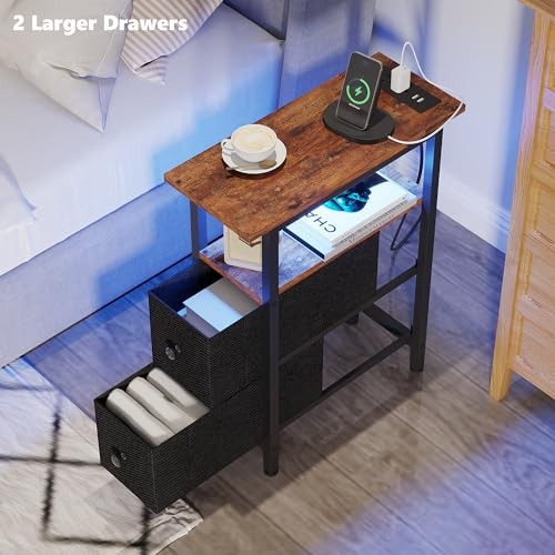 End Table with Charging Station, Narrow Side 2 Drawers 1 Rustic Brown + Black gallery
