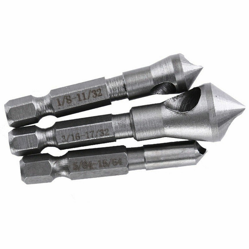 3Pcs Chamfer Countersink Deburring Drill Bits Set Kit Cutting Metal Wood Tool gallery