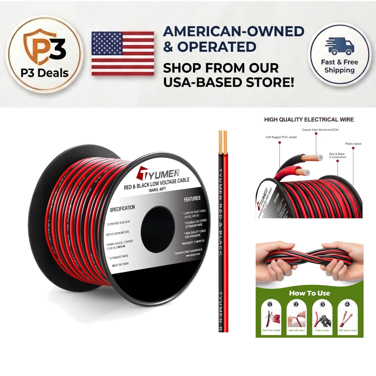 Durable 40FT Flexible 18 Gauge Extension Wire for LED Strips - Red & Black gallery