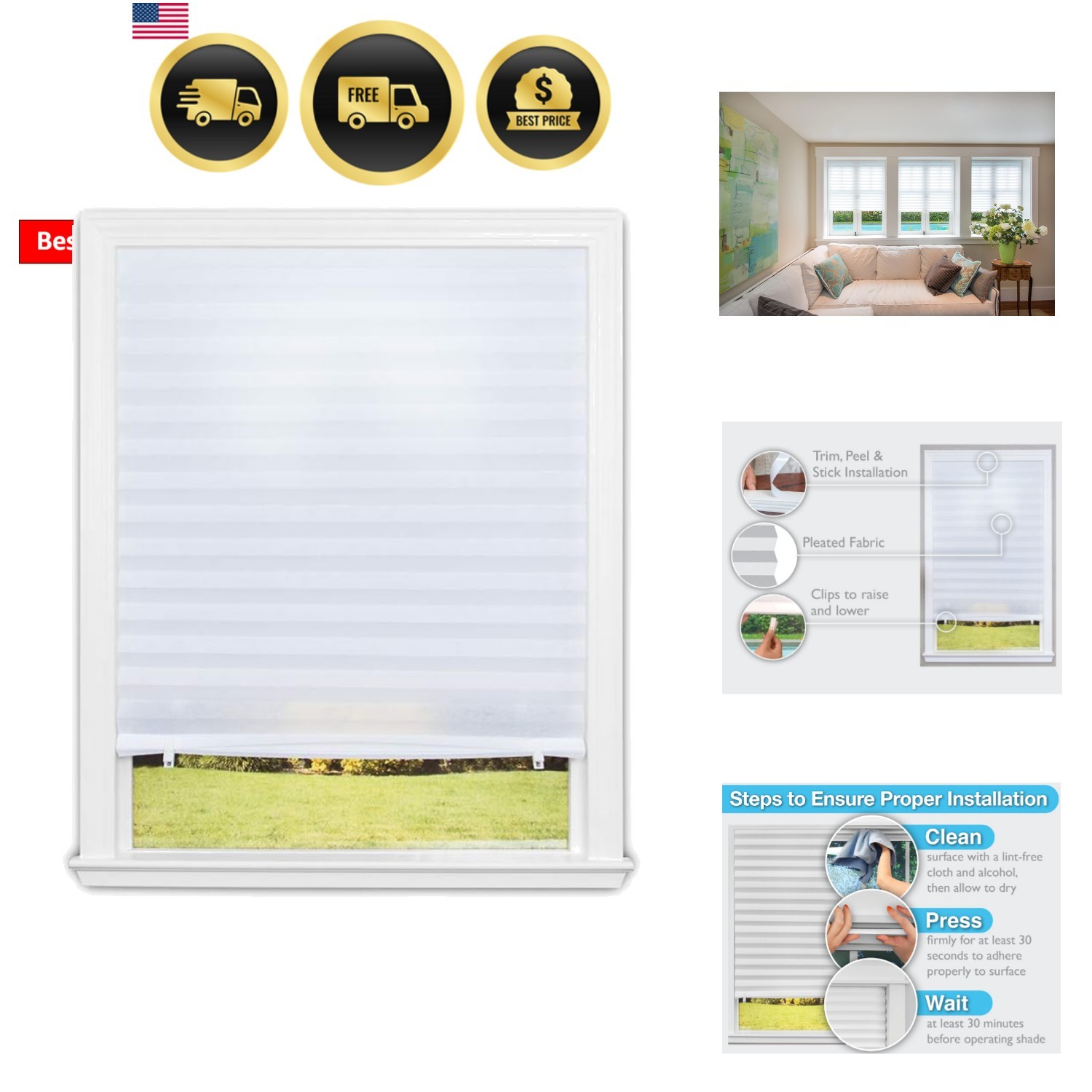No Tools Light Filtering Pleated Fabric Shade White, 48" W x 72" L, 2 Pack gallery