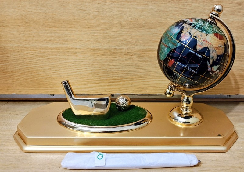Alexander KALIFANO Multi Gemstone Globe Golf Desk Station Set with Clock & Pen gallery